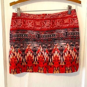 H&M Red Print Skirt Sz 4 Ikat Tribal Print